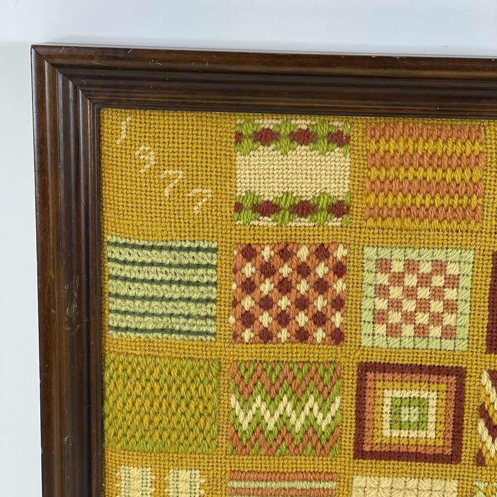 Vintage 1970s Needlepoint Patchwork Completed Wall Hanging Handmade 13x13 Framed