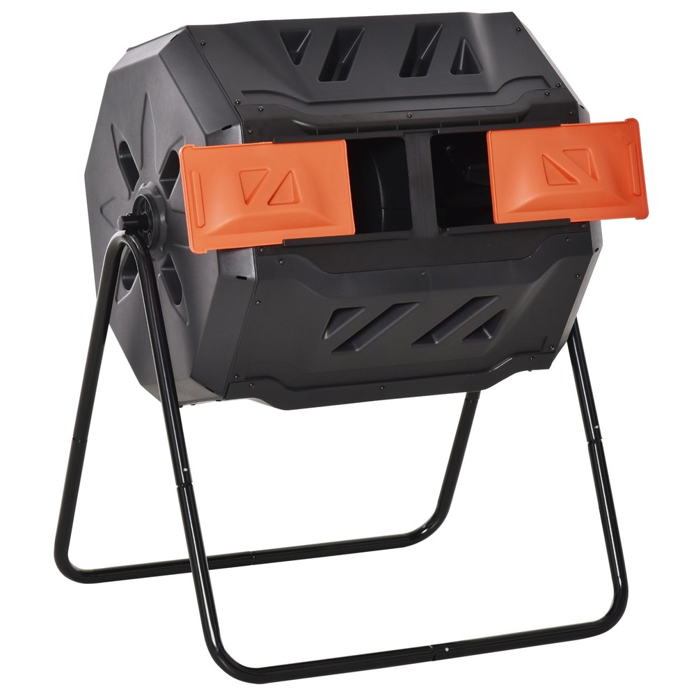 43 Gallon Tumbling Compost Bin Dual Chamber Rotating Composter, Orange