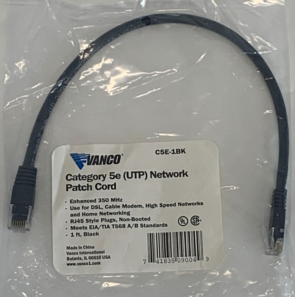 Vanco C5E-1BK Category 5e (UTP) Network Patch Cord 1ft Black (3-Pack)