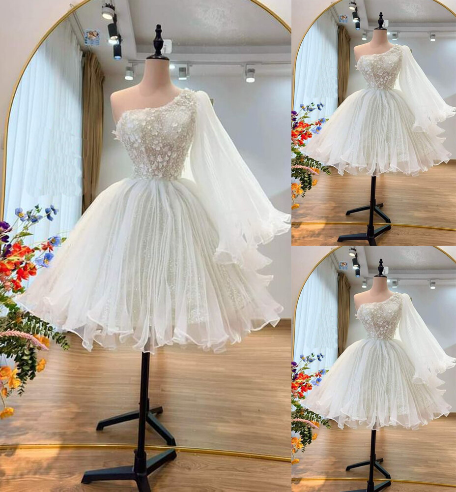 Mini Short Wedding Dresses One Shoulder Beading Above Knee Romantic Bridal Gown