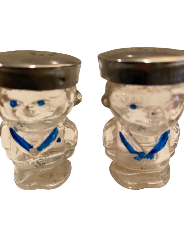 Navy USMC Glass Salt & Pepper Shakers Set Soldiers Vintage Miliary