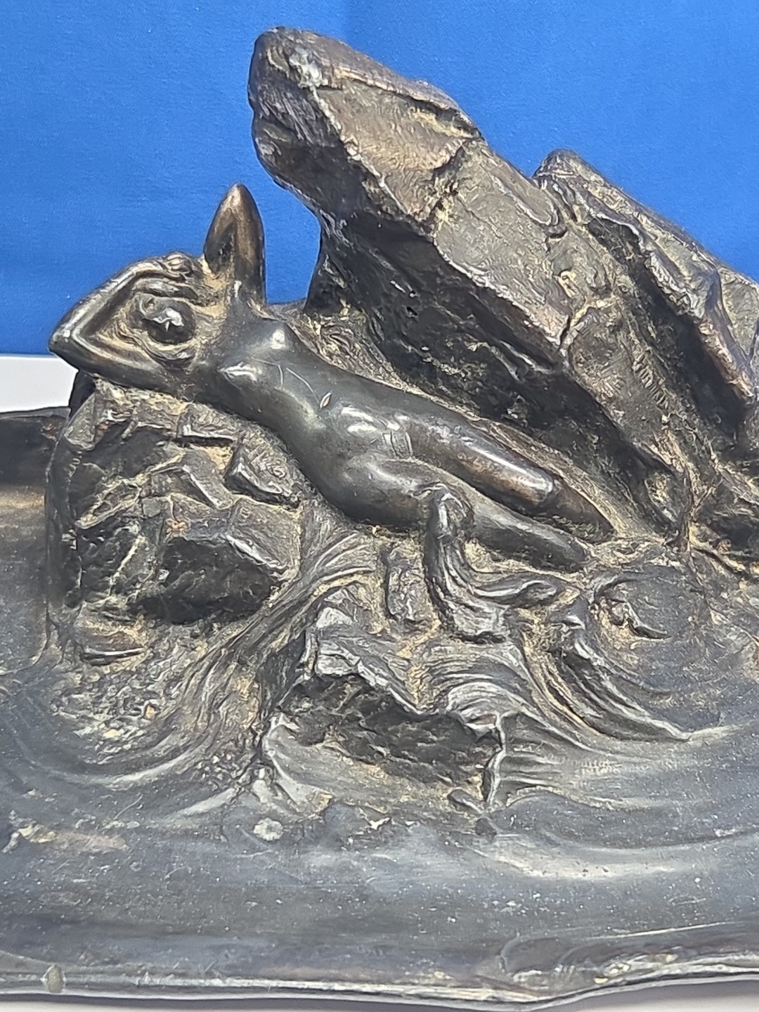 Art Nouveau Nude Maiden Water Inkwell Laying On Rocks Metal Trinket Earings TS