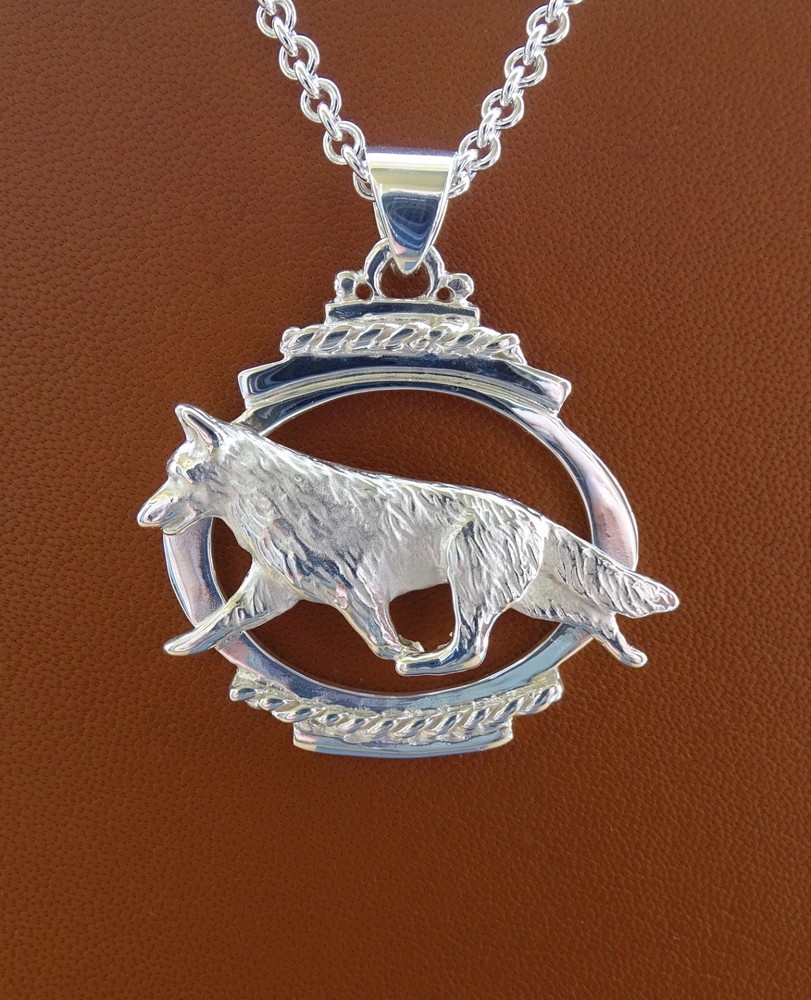 Large Sterling Silver German Shepherd Dog Moving Study On A Oval Frame