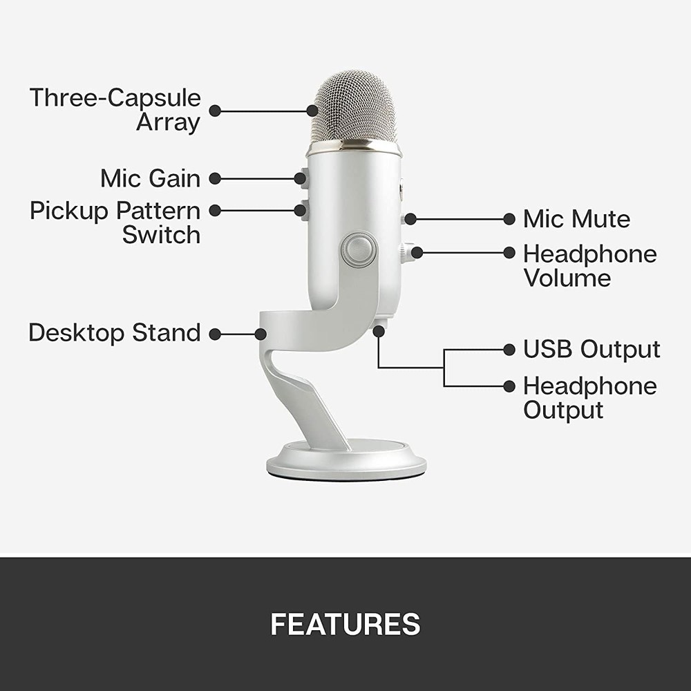 Logitech Blue Yeti USB Multi-Pattern Mic (Silver) with stand