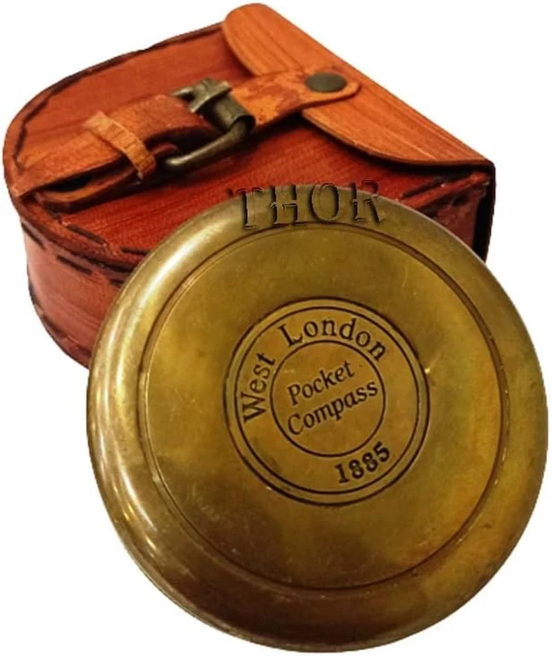 Vintage Brass Pocket Compass with Leather Case Rustic Navigation Gift Decor