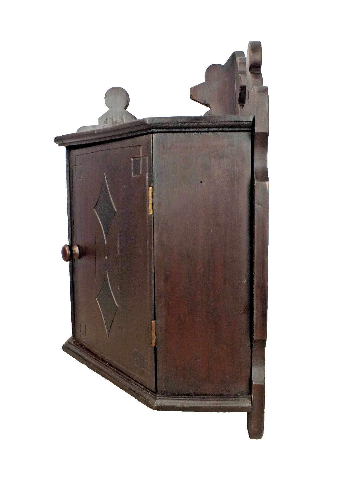 1800s Antique Wall Hung Corner Cabinet Dark Red Brown Finish w Black Highlights