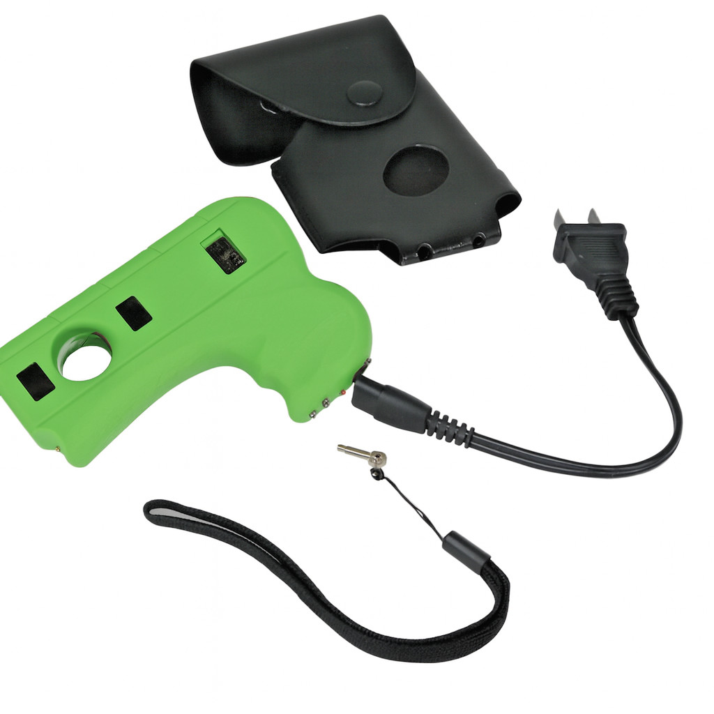 DEFENDER 10 MV Rechargeable Pistol Grip STUN GUN w/ Light & Holster SAFETY GREEN