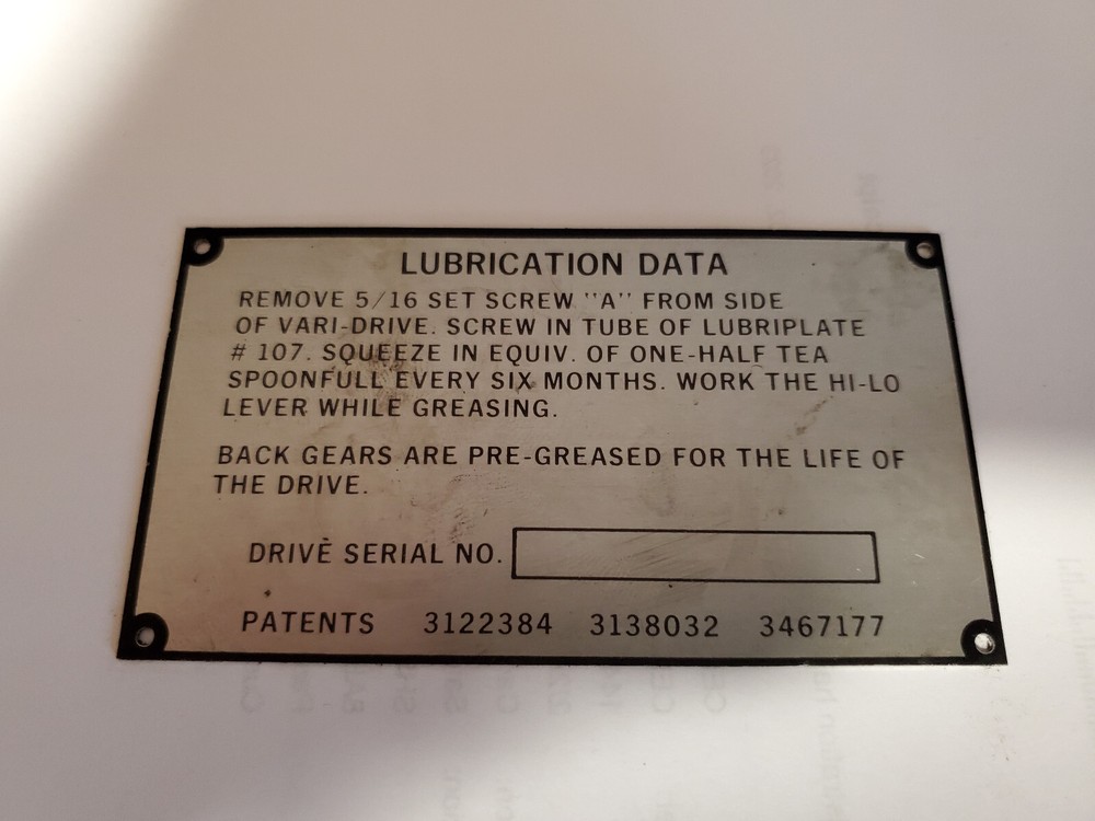 BRIDGEPORT LUBRICATION DATA PLATE