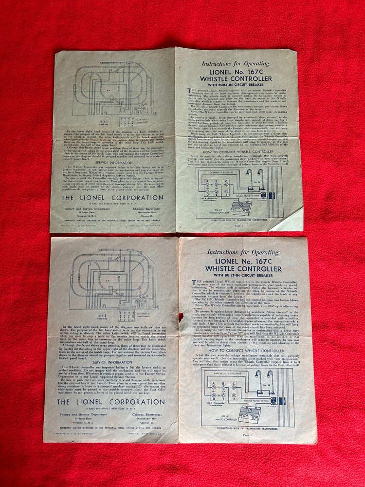 C6 LIONEL POSTWAR #167C WHISTLE CONTROLLER OPERATING INSTRUCTIONS 1947
