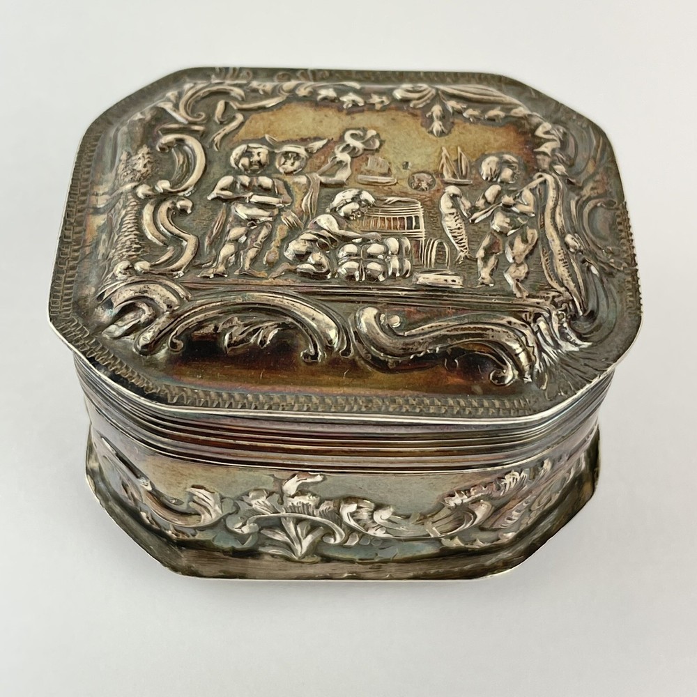 Antique Dutch Solid Silver Box Embossed Putti Scene Imported Alfred Lewis 1803