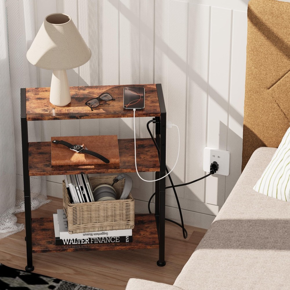 End Table Charging Station 3-Tier Side Table USB Ports Outlets Slim Rustic