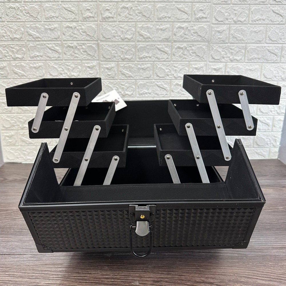 Large Makeup Train Case Cosmetics Organizer Portable Extendable Tray Matte Black