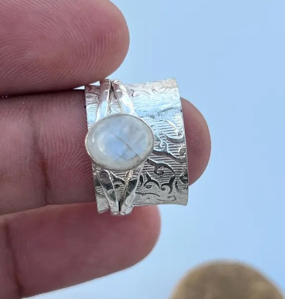 Solid 925 Sterling Silver Natural Rainbow Moonstone Boho Wide Band Spinner Ring