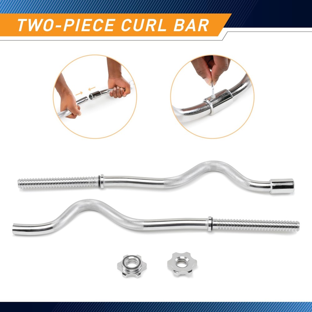 Marcy 2-Piece Threaded Super Curl Bar with Chrome Spin Lock Collars Free Weights