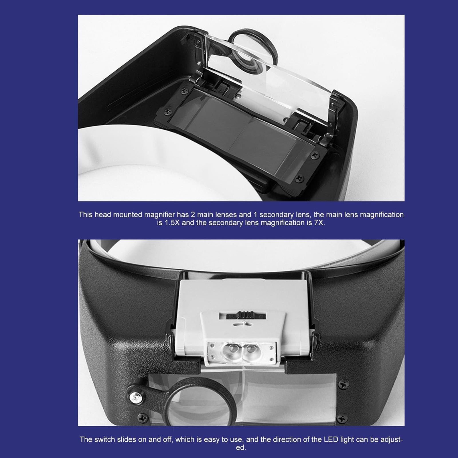 Headband Magnifier Glasses with LED Light,1.5X 3X 8.5X 10X Head Mount Magnifi...