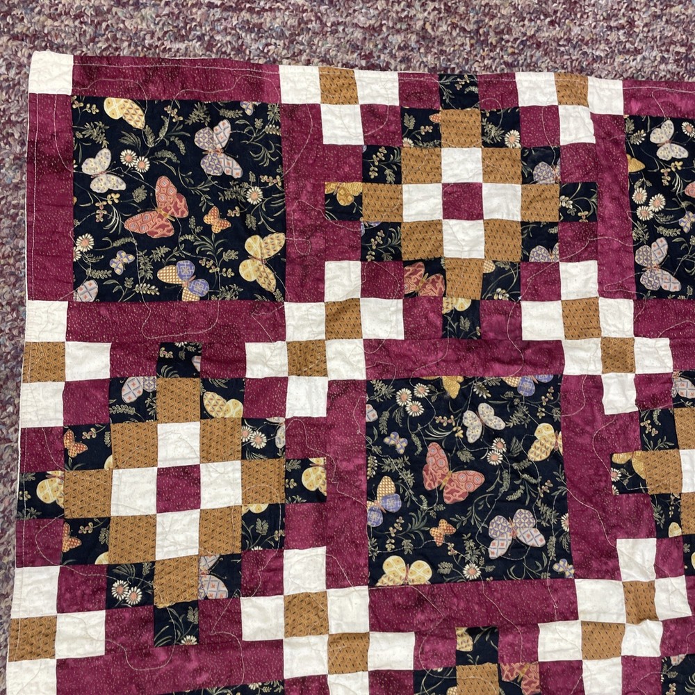 Butterfly Patchwork Pattern Quilt Lap Throw 16 Patch 49”x50” Hand Stitched
