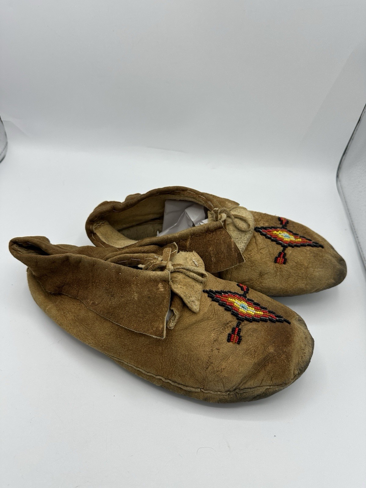 Vintage Beaded Leather Moccasins Handmade Native American Style Brown Shoes