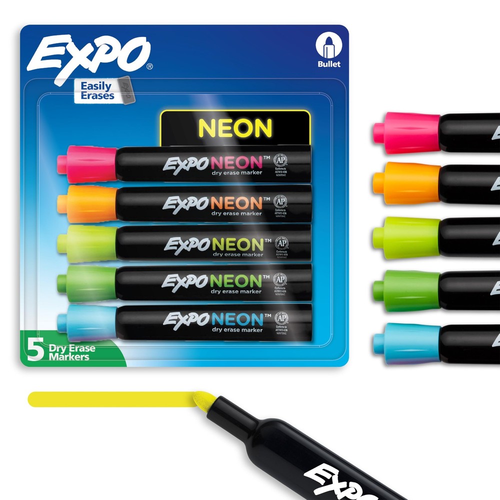 Expo Neon Dry Erase Markers Bullet Tip Assorted Colors 5 Count