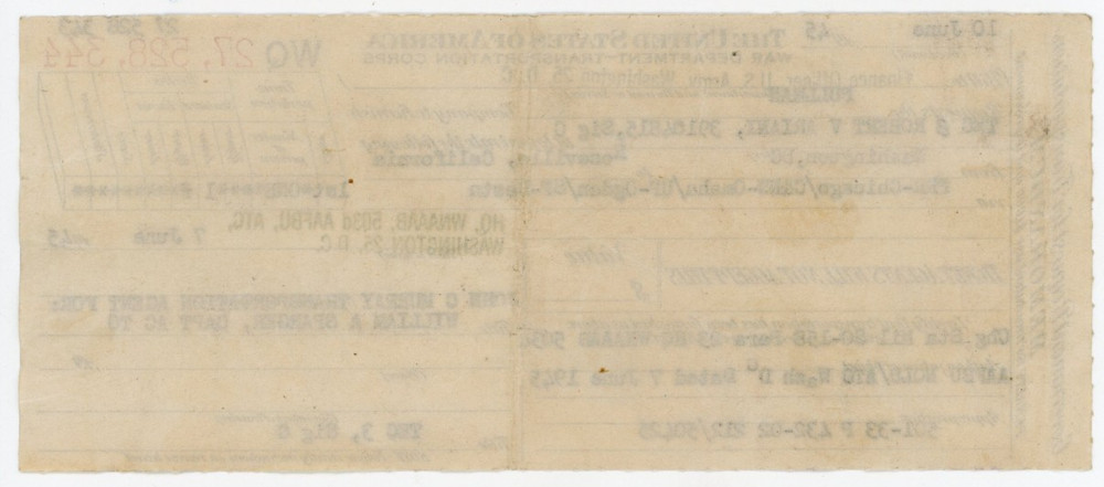 1945 U.S. Army Pullman Train Soldier Ticket Slip #DA