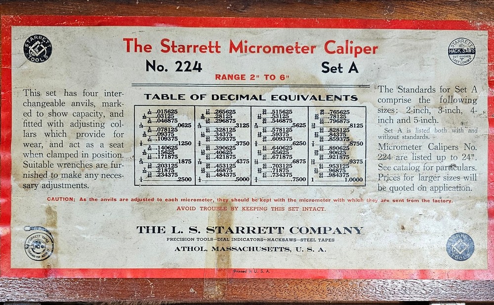 Starrett No. 224 Set A 2" - 6" Micrometer Caliper
