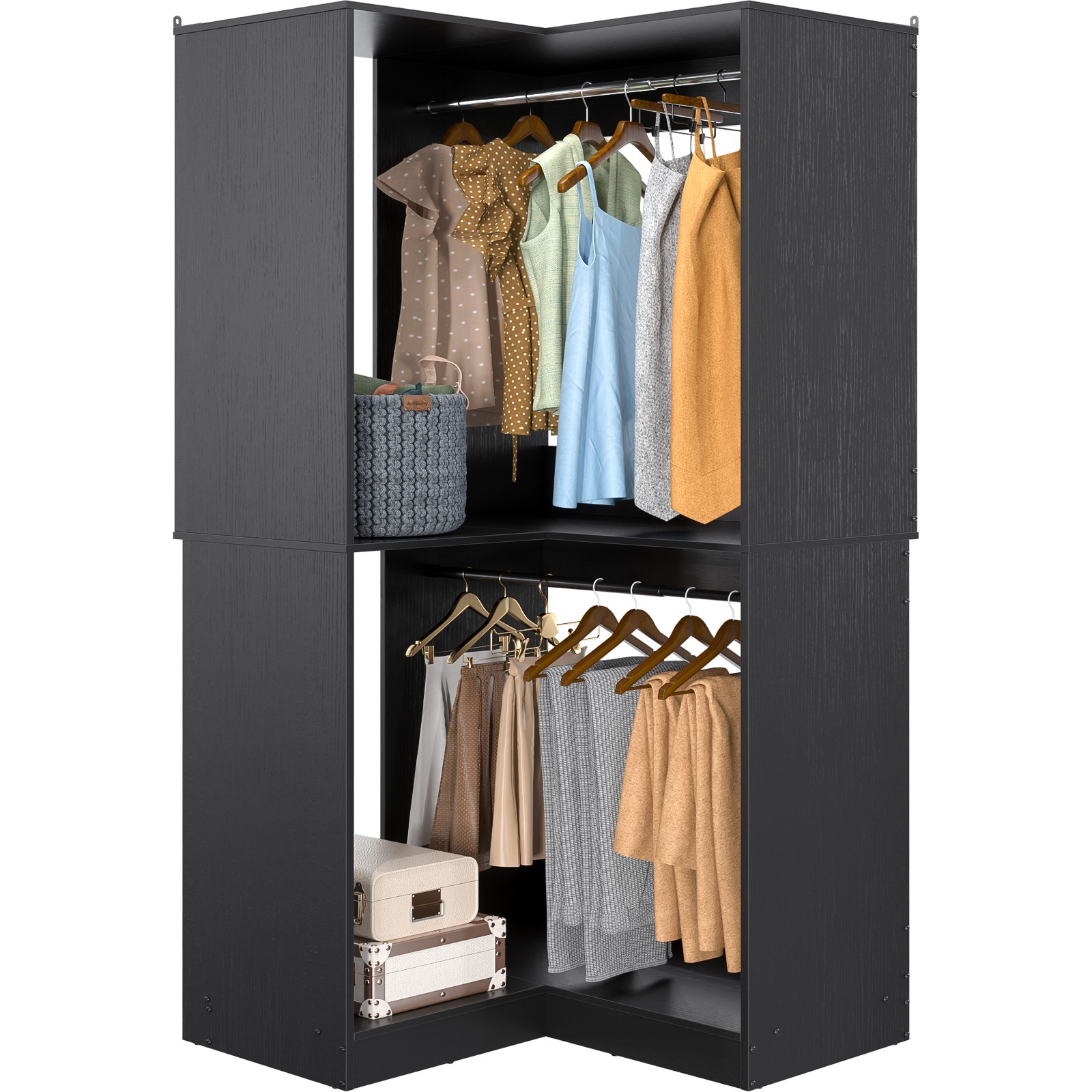 32" Wide Wood Corner Closet Organizer System with 2 Hanging Rod & Storage Shelve