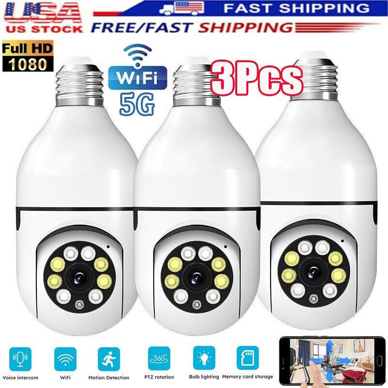 3Pcs Wireless WiFi Security Camera System Outdoor Night Vision E27  1080P Smart