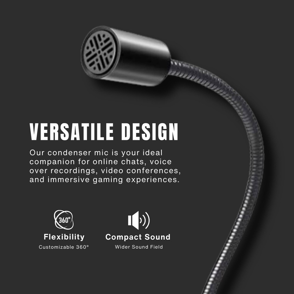 Gooseneck USB Microphone, PC, Plug Play, Mute Button, Omnidirectional, Gaming