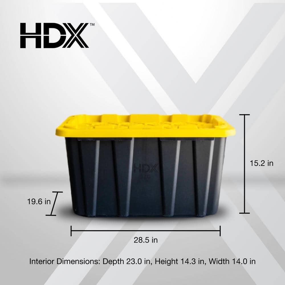 HDX 27 Gal. Tough Storage Tote 4 Pack Black Yellow Lid New