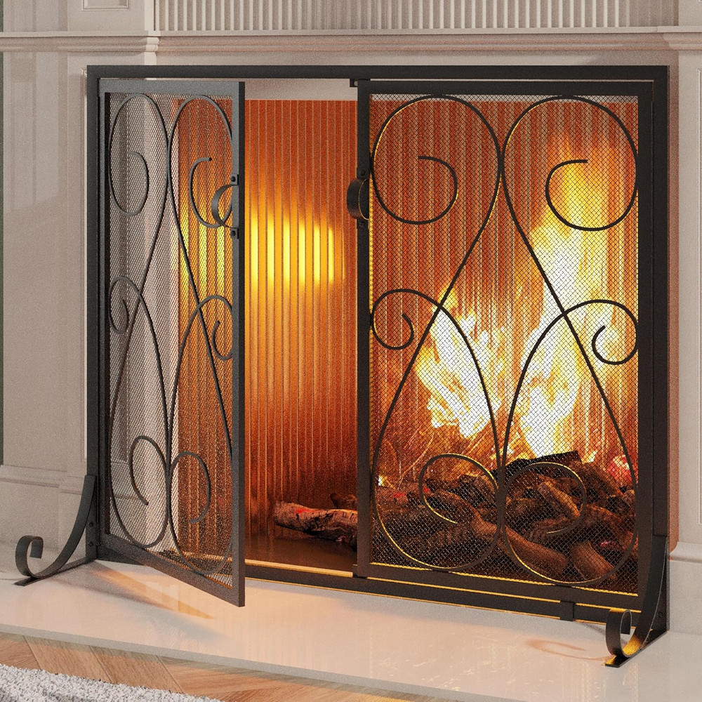 2 Panel Fireplace Screen with Doors Handcrafted Wrought Iron Decorative Mesh