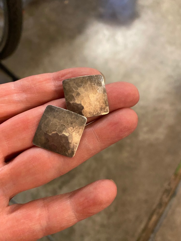 Sterling Silver Earrings Modernist Hammered Square Stud/Pierced Marked