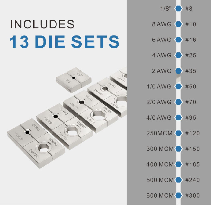 Prensa hidráulica industrial para terminales de cable 16T, 9 AWG-600 MCM con 13