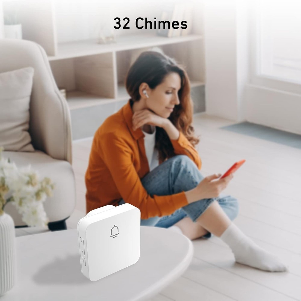 Wireless Doorbell - 2 Receivers, 1000ft Range, Adjustable Volume, White