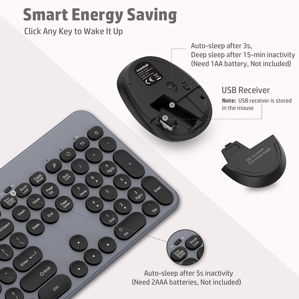 LeadsaiL Wireless Keyboard and Mouse Combo, Full-Sized Ergonomic Computer Key...