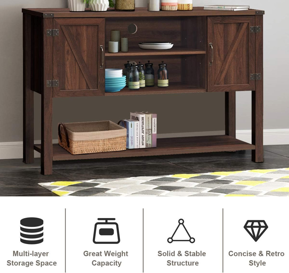 Modern Brown Console Table Buffet with Storage Cabinets and Bottom Shelf