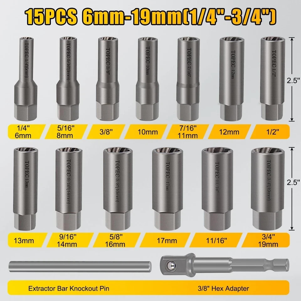 Topec 15PCS Deep Bolt Extractor Kit, 6mm-19mm Nut Extractor Socket Set, 3/8" ...
