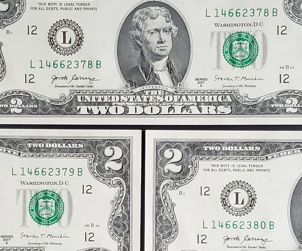 3x $2 Consecutive Notes L14662378B-380B 2017A Crisp UNC Sequential Run