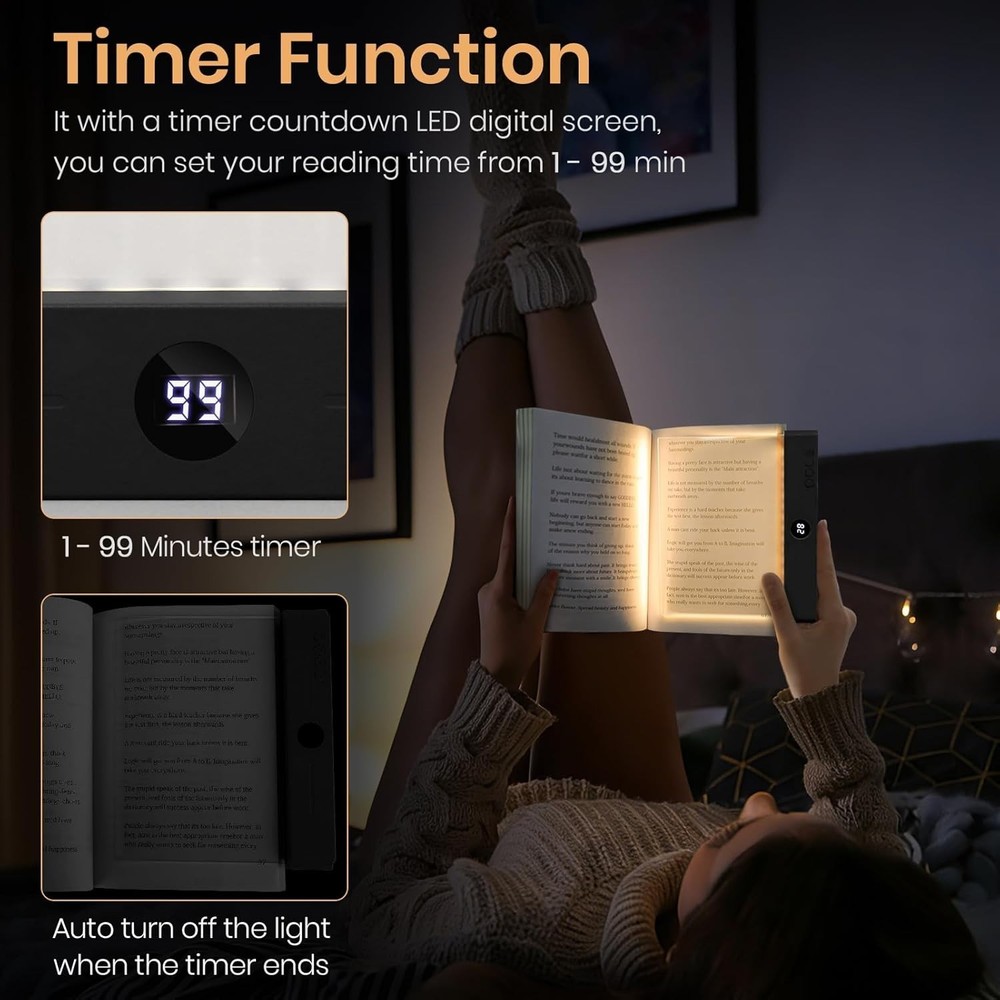 Book Light, Rechargeable Clear LED Flat Reading Light with 3 Colors Timer