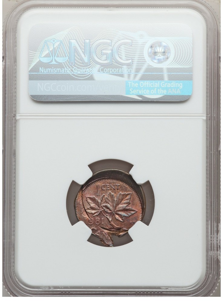 1981 Canada 1 Cent NGC Graded MS 62 RB. Struck off center- Error
