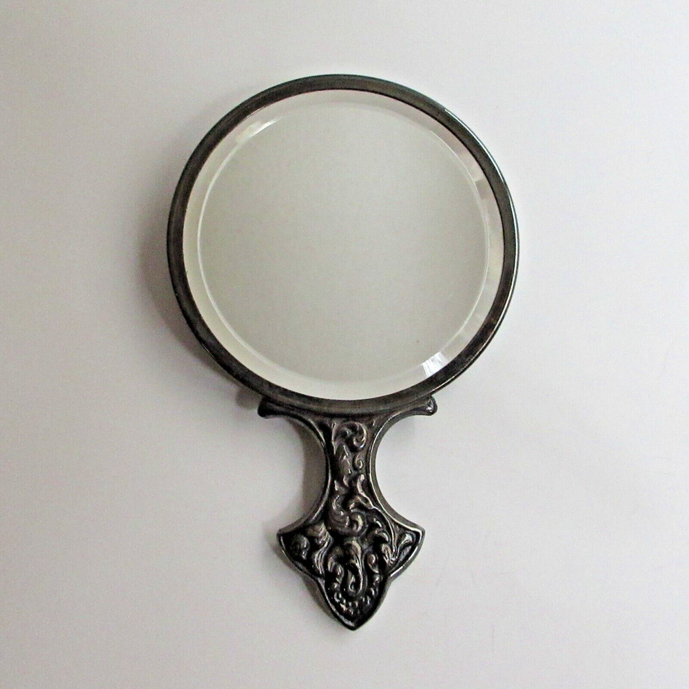 Victorian Ladies Pocketbook Purse Silver Hand Mirror with Black Satin Cover