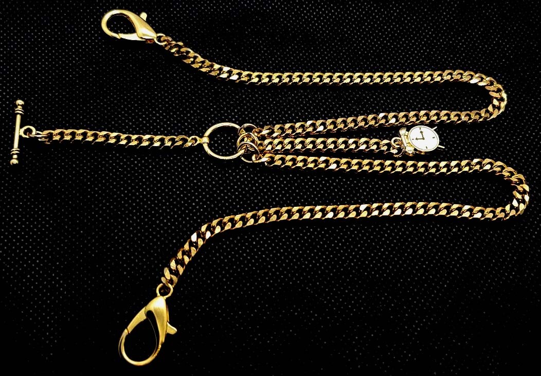 Gold Plated V Strong Pocket Watch Albert Double Chain With Ornate Fob.