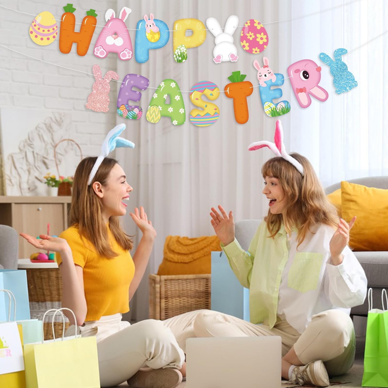 Happy Easter Banner Sign Bunny Eggs For Spring Party Outdoor Porch Decor Art