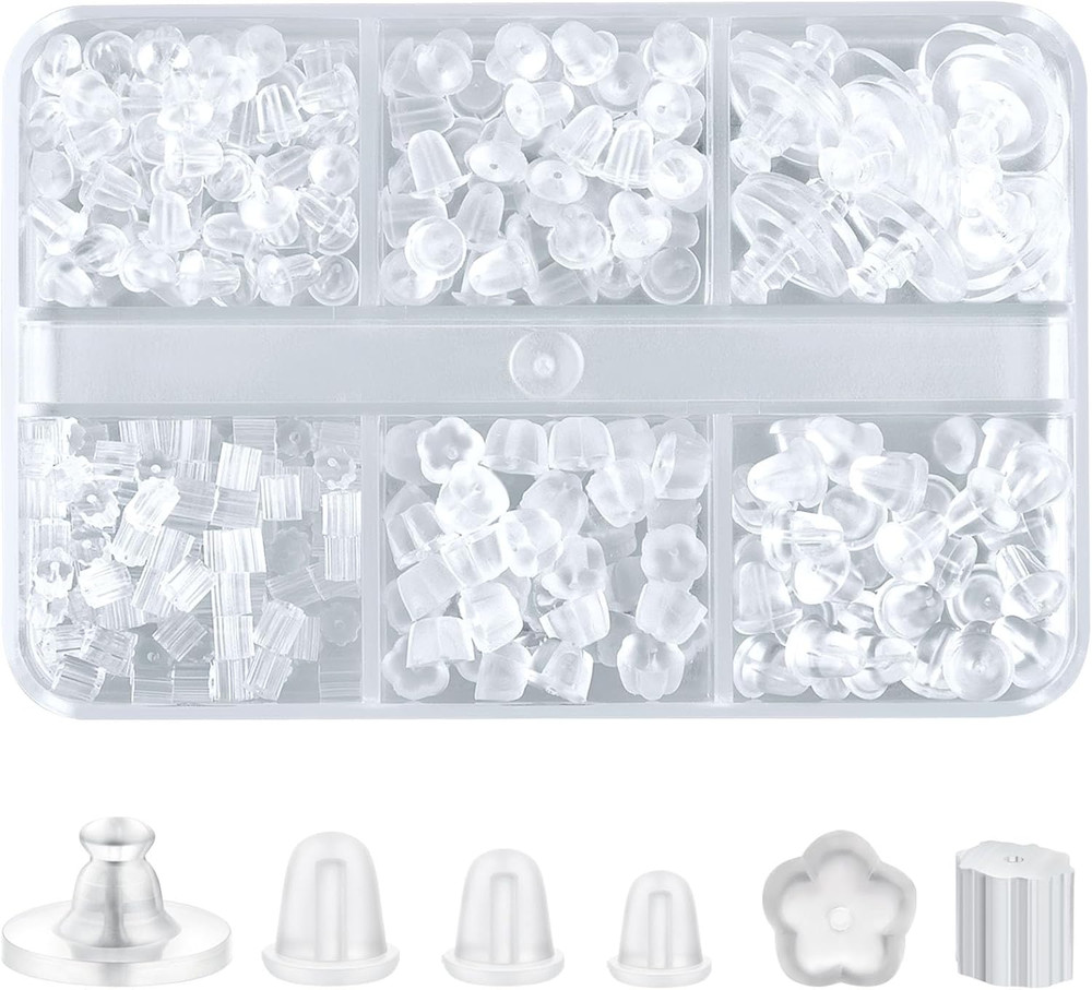 6 Styles Silicone Earring Backs, 600 Clear Soft Hypoallergenic Plastic Rubber Ea
