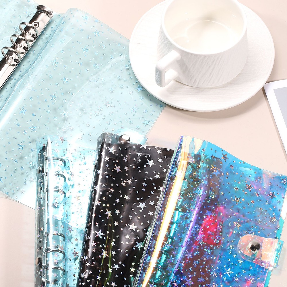 A6 Binder Cover, Stars Refillable Notebook Shell with Snap Button, Black