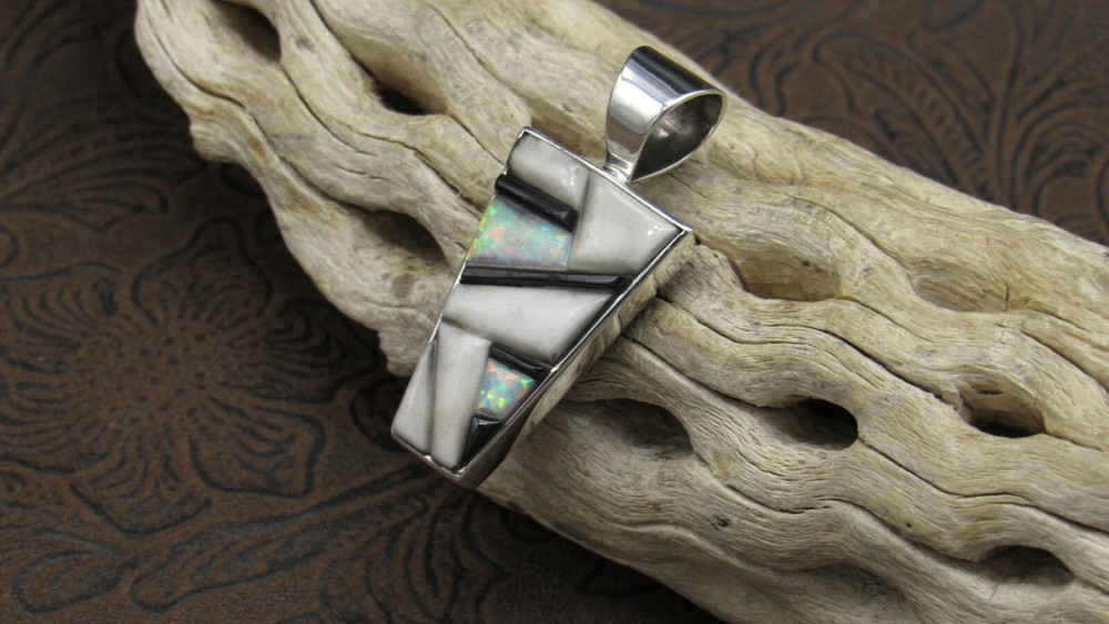 *White Magnesite Lab Created Opal Sterling Silver Geometric Shaped Pendant+