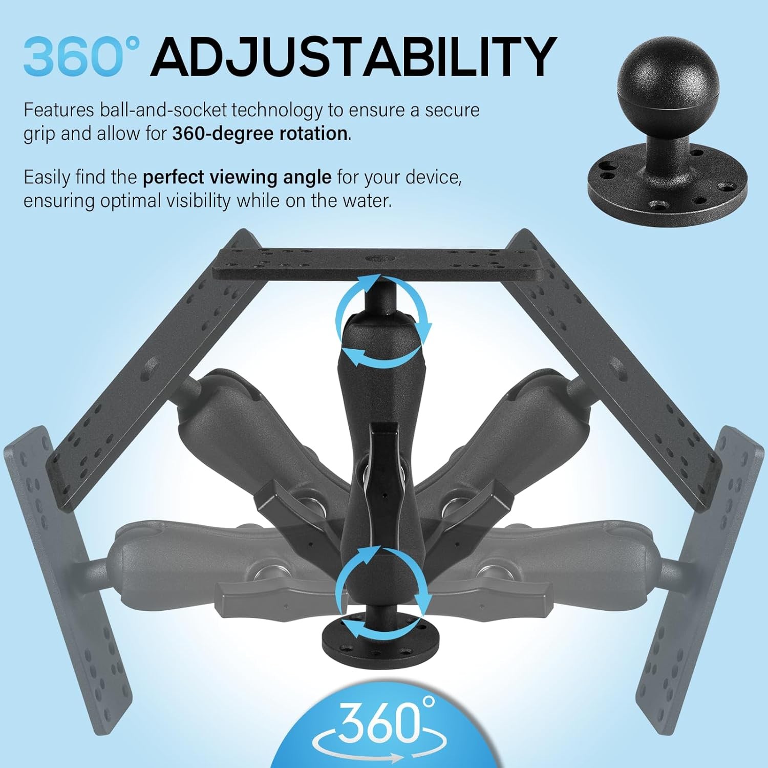 Aluminum Fish Finder Mount 1.5"Ball Medium Arm 360° Rotation for Garmin Lowrance