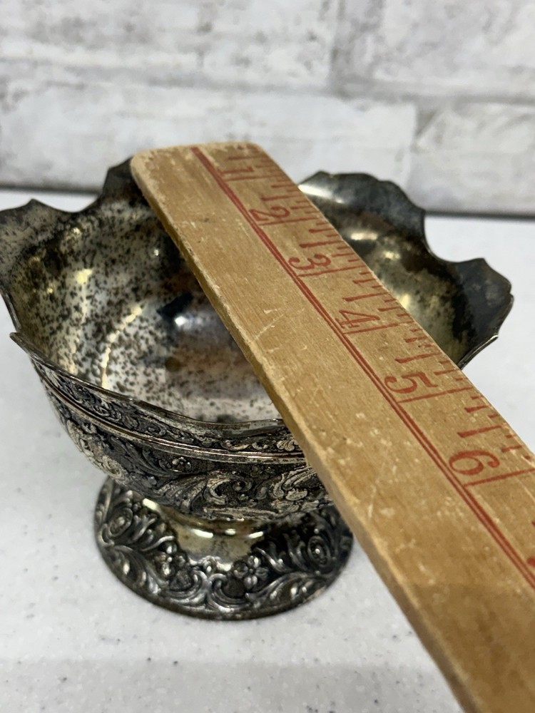 Vintage Repousse Silver Plated Ornate Floral Scroll Candy Dish Compote Bowl