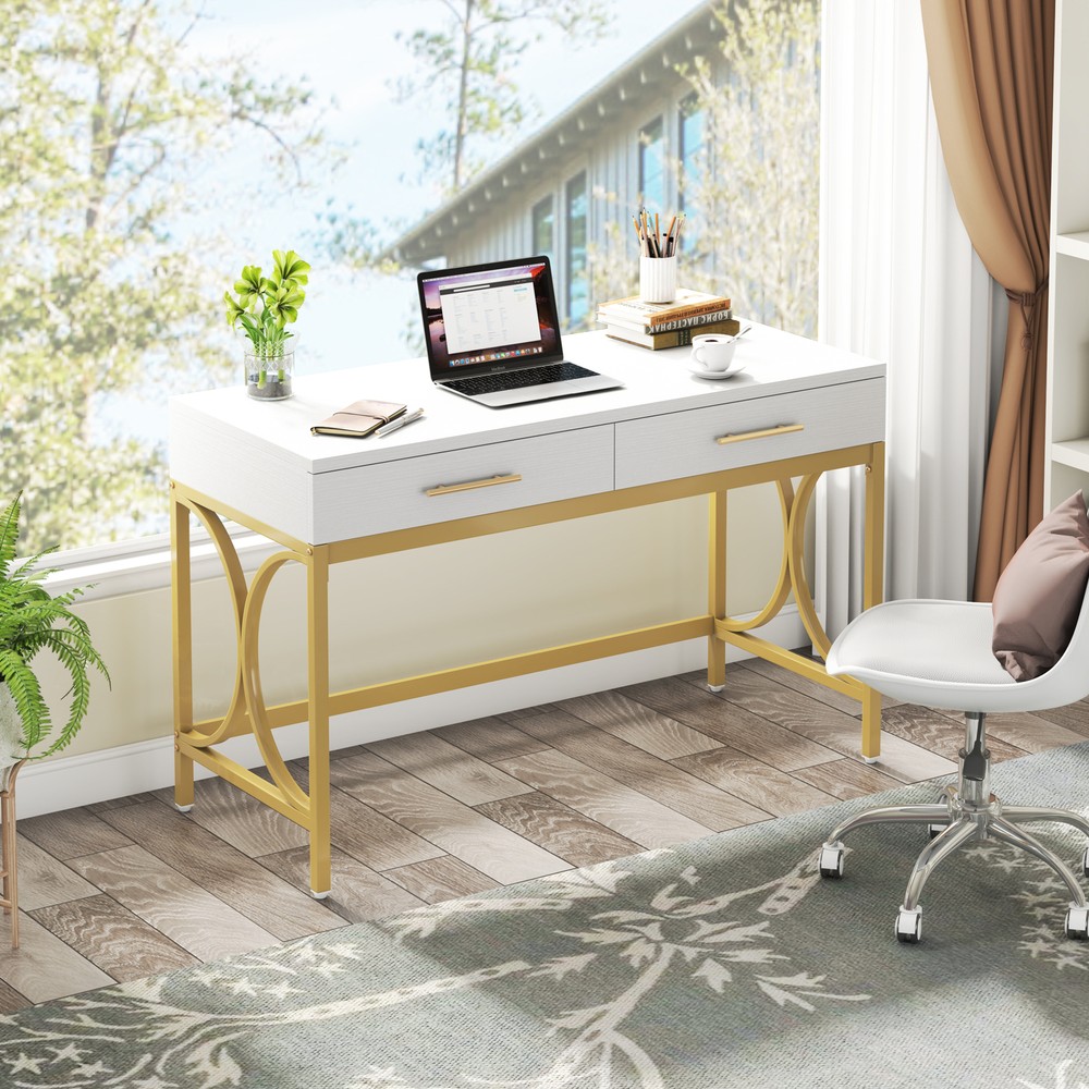 41" White Computer Desk with 2 Drawers, Modern Study Writing Desk with Storage