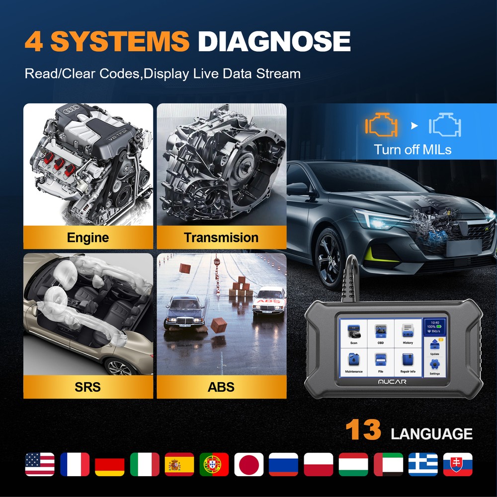 MUCAR CS4 OBD2 Scanner Transmission ABS SRS Engine Car Diagnostic Scan Tool DPF