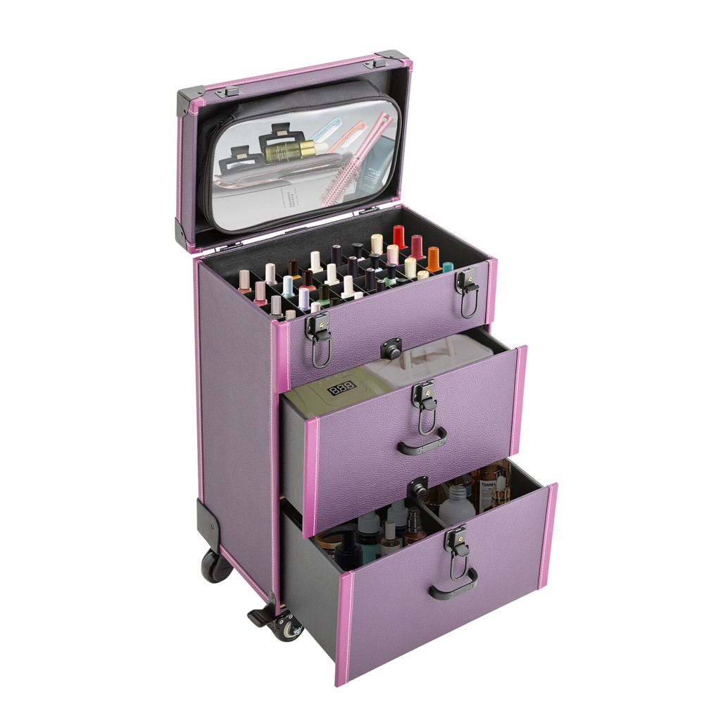 Professional Makeup Train Case Travel Makeup Trolley Rolling Cosmetic Case +Keys