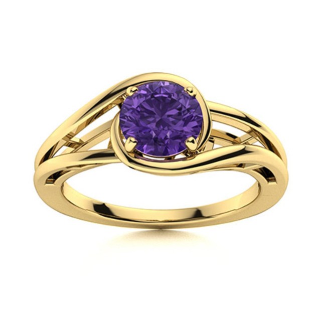 Solitaire 5MM Round Amethyst 925 Sterling Silver Gold Plated Split Shank Ring